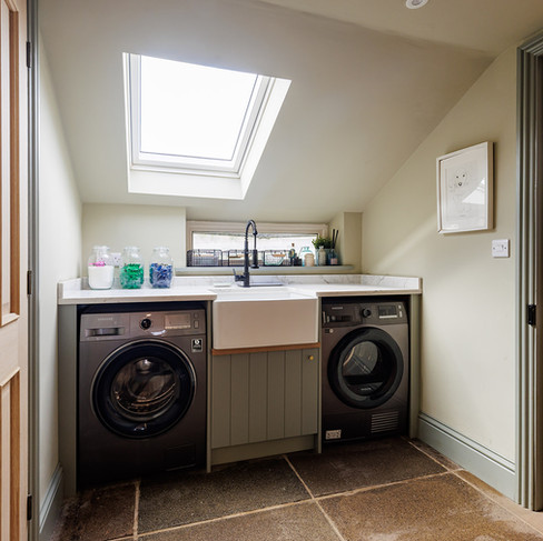 A Contemporary Country Kitchen in Petworth with Checkerboard Marble Floors and Dropcloth Cabinetry