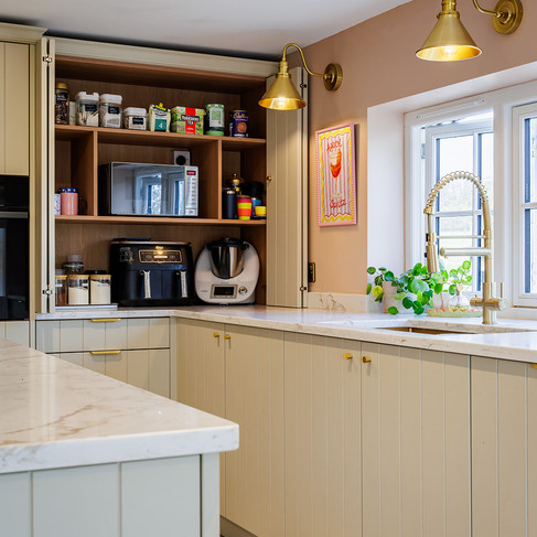 A Contemporary Country Kitchen in Petworth with Checkerboard Marble Floors and Dropcloth Cabinetry