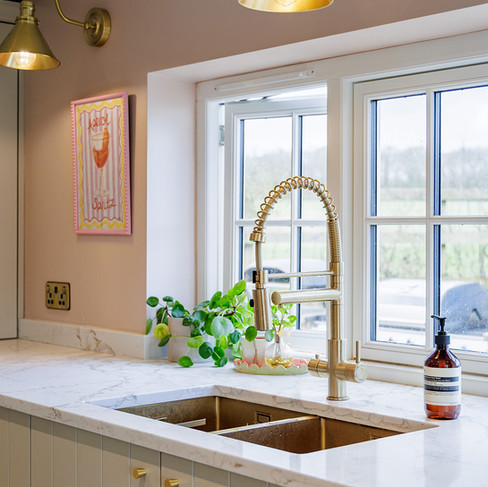 A Contemporary Country Kitchen in Petworth with Checkerboard Marble Floors and Dropcloth Cabinetry