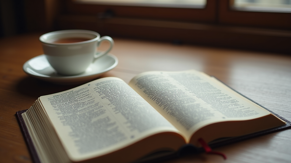 Eye-level view of an open Bible on a wooden table with a cup of tea