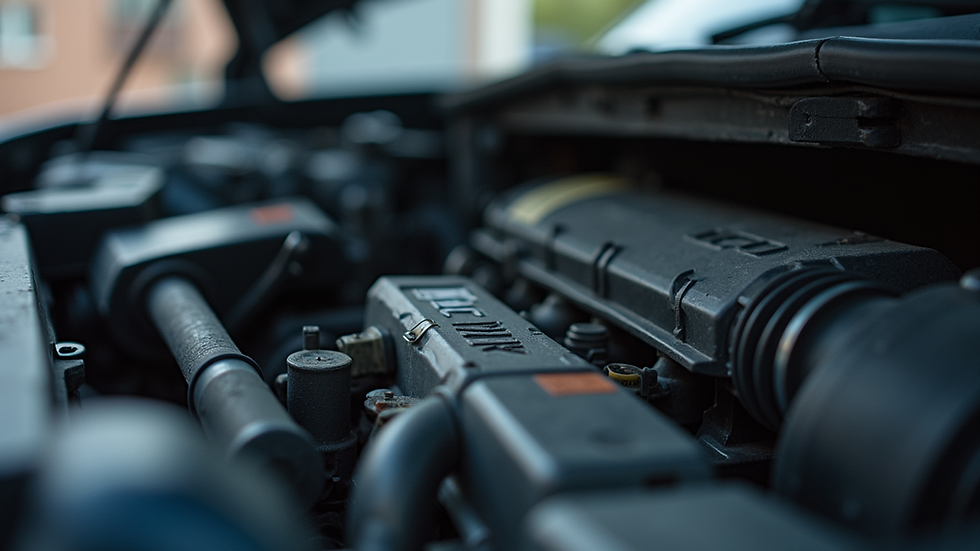 Close-up view of a car engine with a mechanic's tools