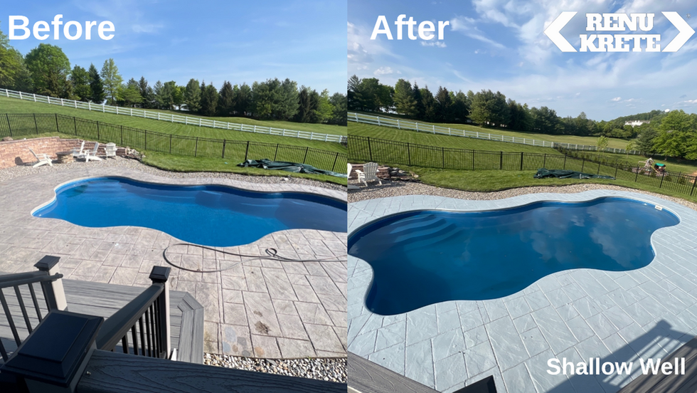 Before and after pool deck resurfacing showing improved texture and uniform stone finish
