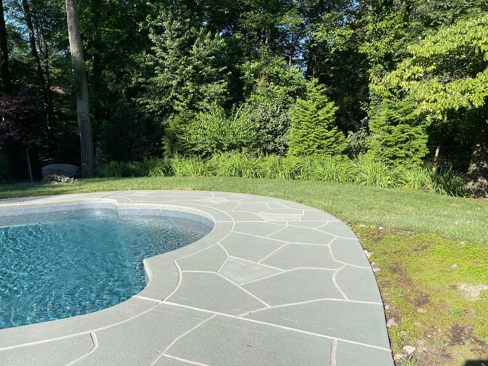 Seamless RenuKrete concrete resurfacing and coping restoration with realistic slate texture in light gray.