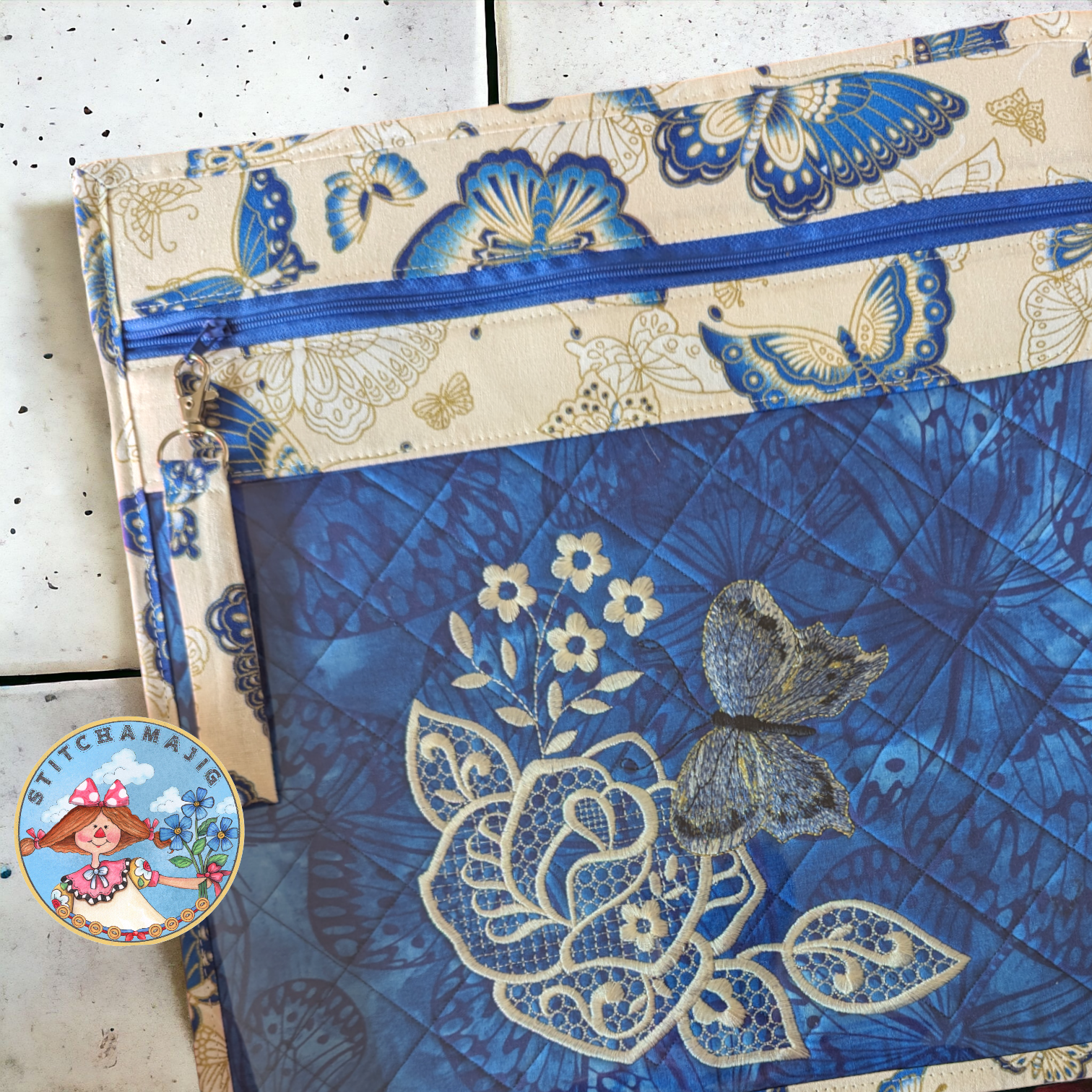 Blue Butterfly Vinyl Front Cross Stitch Project Bag