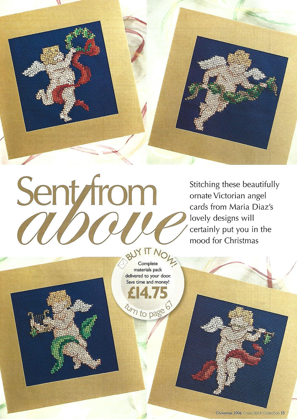 Thumbnail: Sent From Above Cherub Christmas Card Cross Stitch Chart
