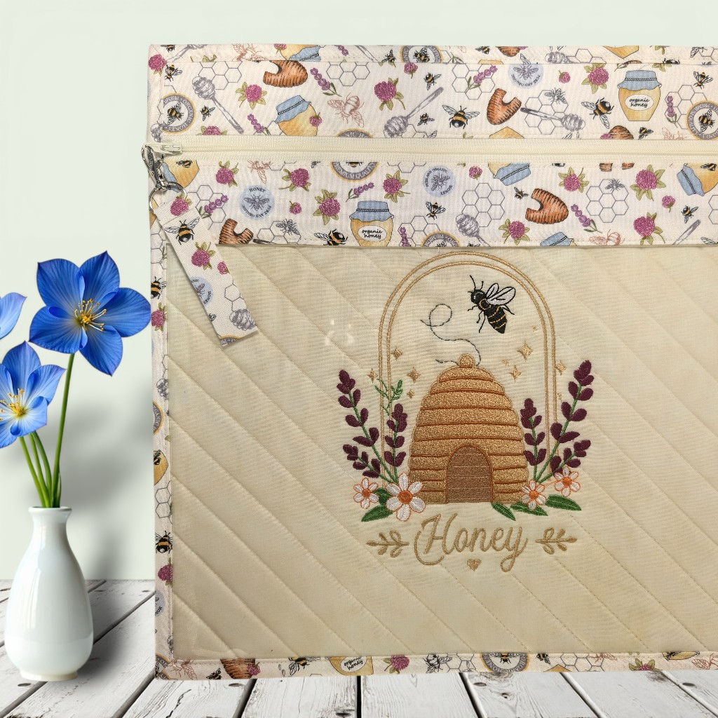 Bee Hive Embroidered Vinyl Front Cross Stitch Project Bag