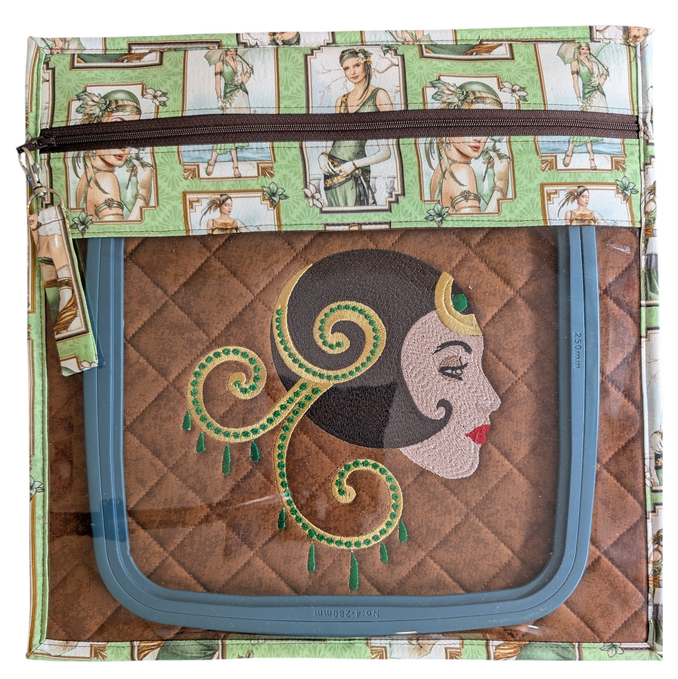 Thumbnail: Art Deco Fancy Lady Embroidered Vinyl Front Cross Stitch Project Bag