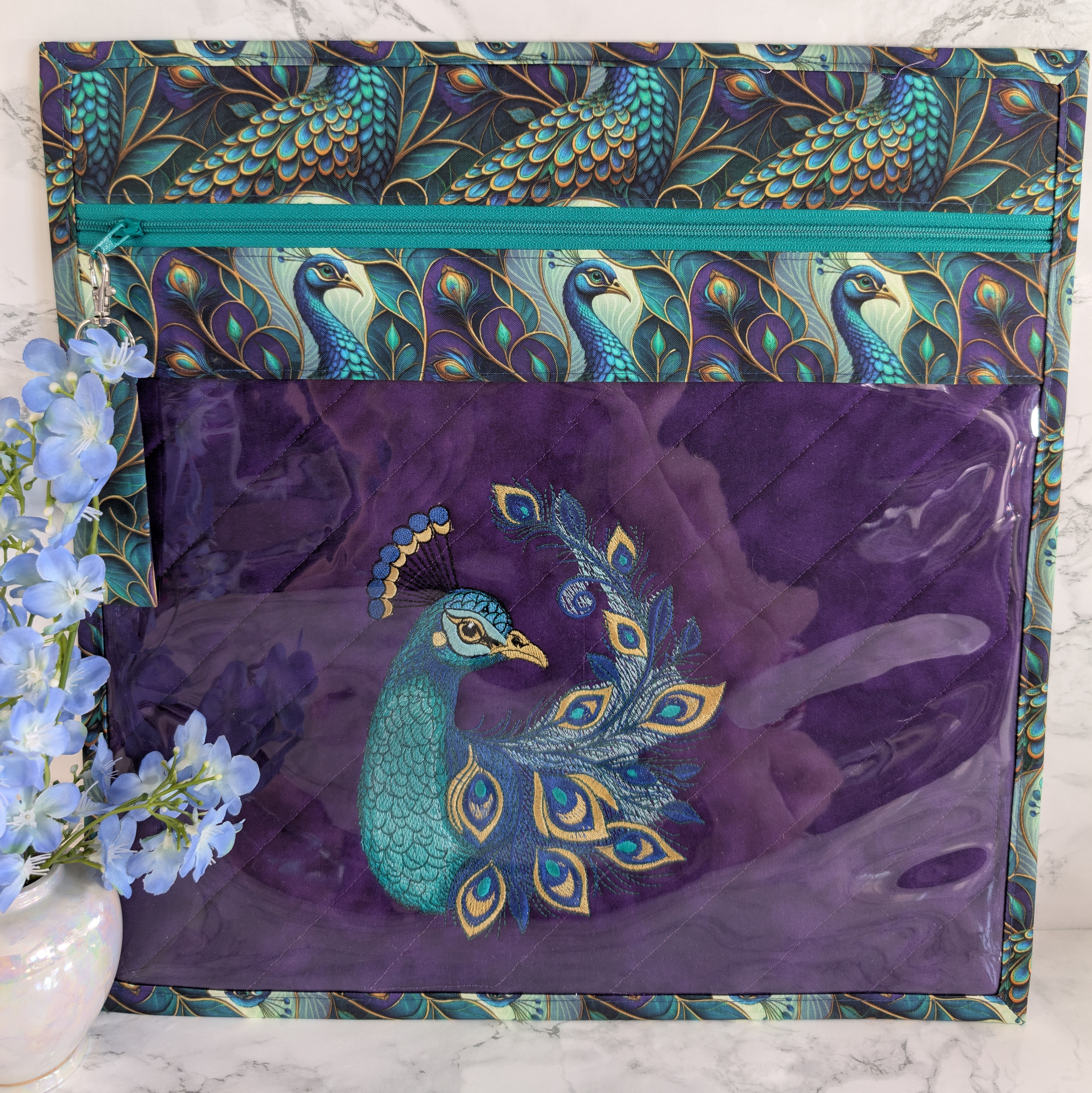 Majestic Peacock Embroidered Vinyl Front Cross Stitch Project Bag