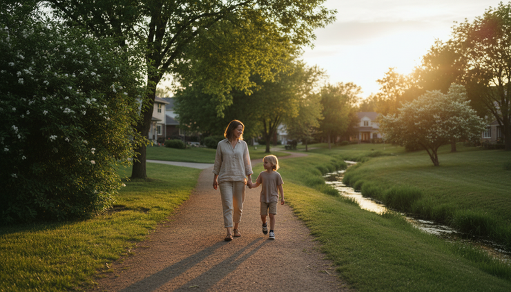 Wide-angle view of a parent and child walking on a neighborhood path at sunset
