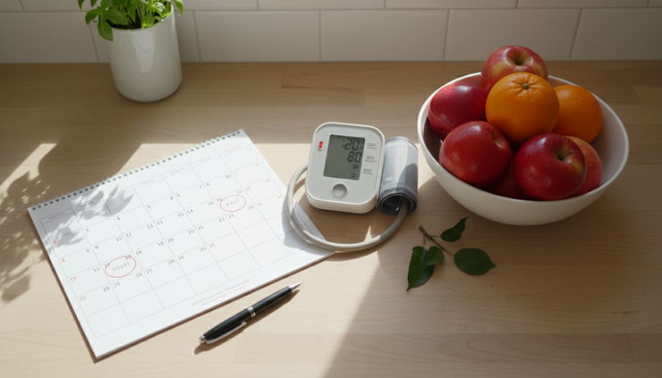 Overhead view of a kitchen counter with a calendar, blood pressure cuff, and bowl of fruit