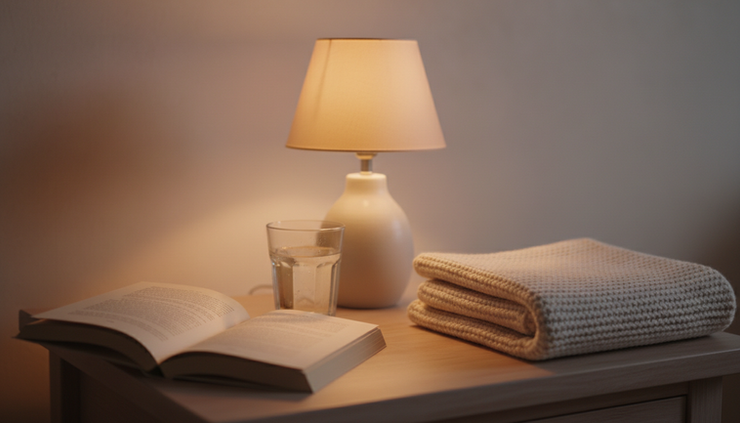Close-up of a bedside table with a book, water glass, and dim lamp