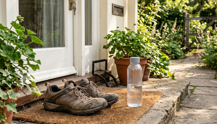 Eye-level view of a pair of walking shoes beside a water bottle near a sunny front door.