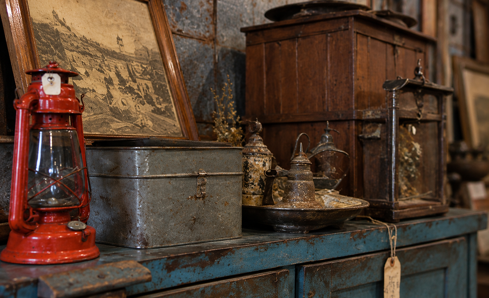 landscape photo of antique lanterns and vintage metal and wooden items on a blue cabinet, warm tones, wide landscape