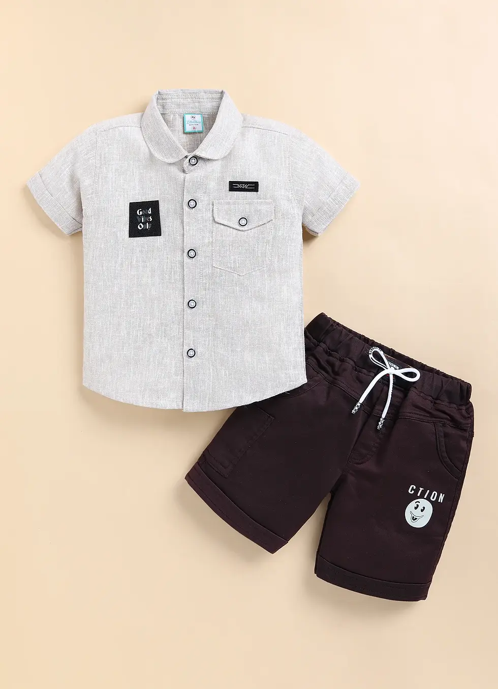 Thumbnail: Boys Linen-Look Button-Down Shirt & Smiley "Action" Shorts Set