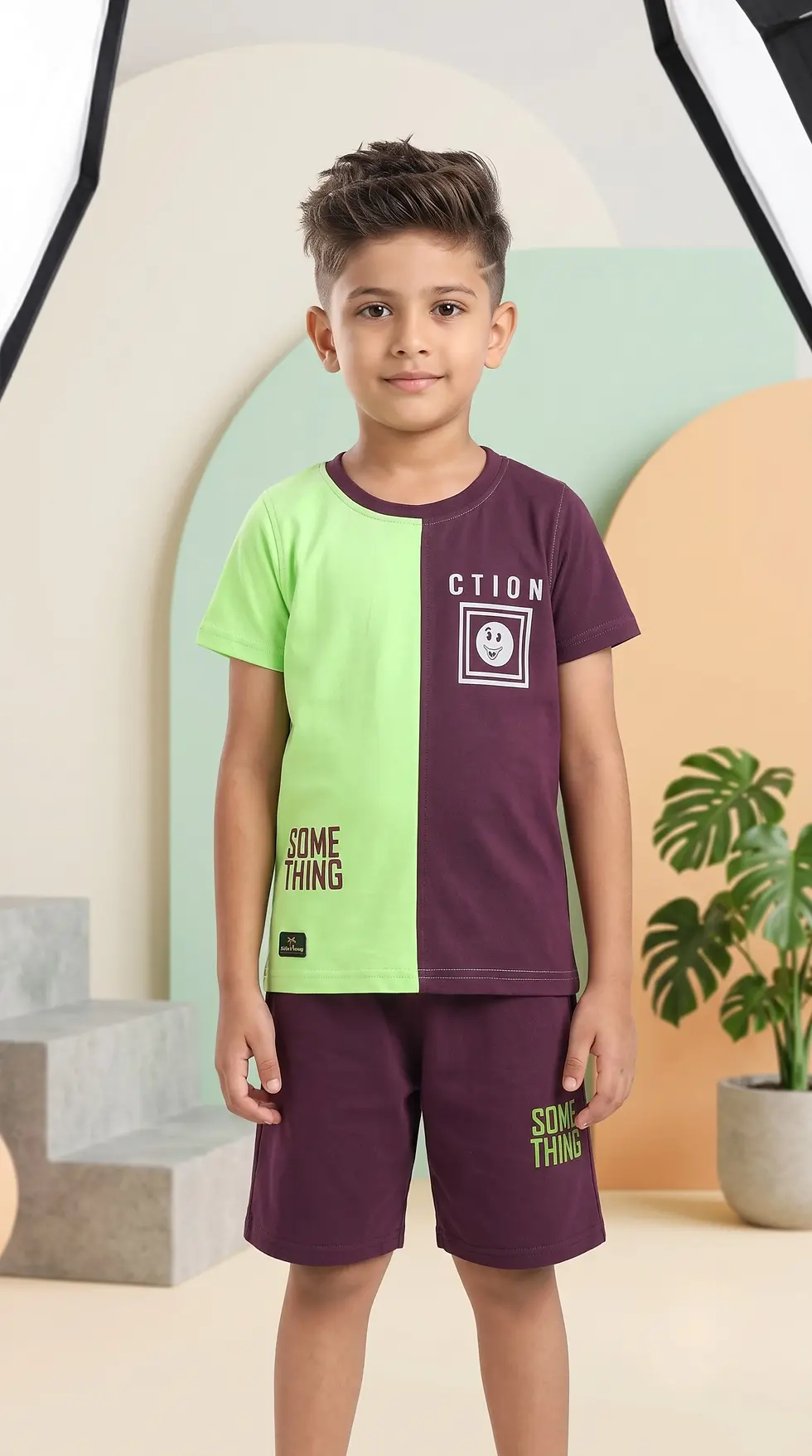 Thumbnail: Boys "Something Action" Half-Splat Color block T-Shirt & Shorts Set