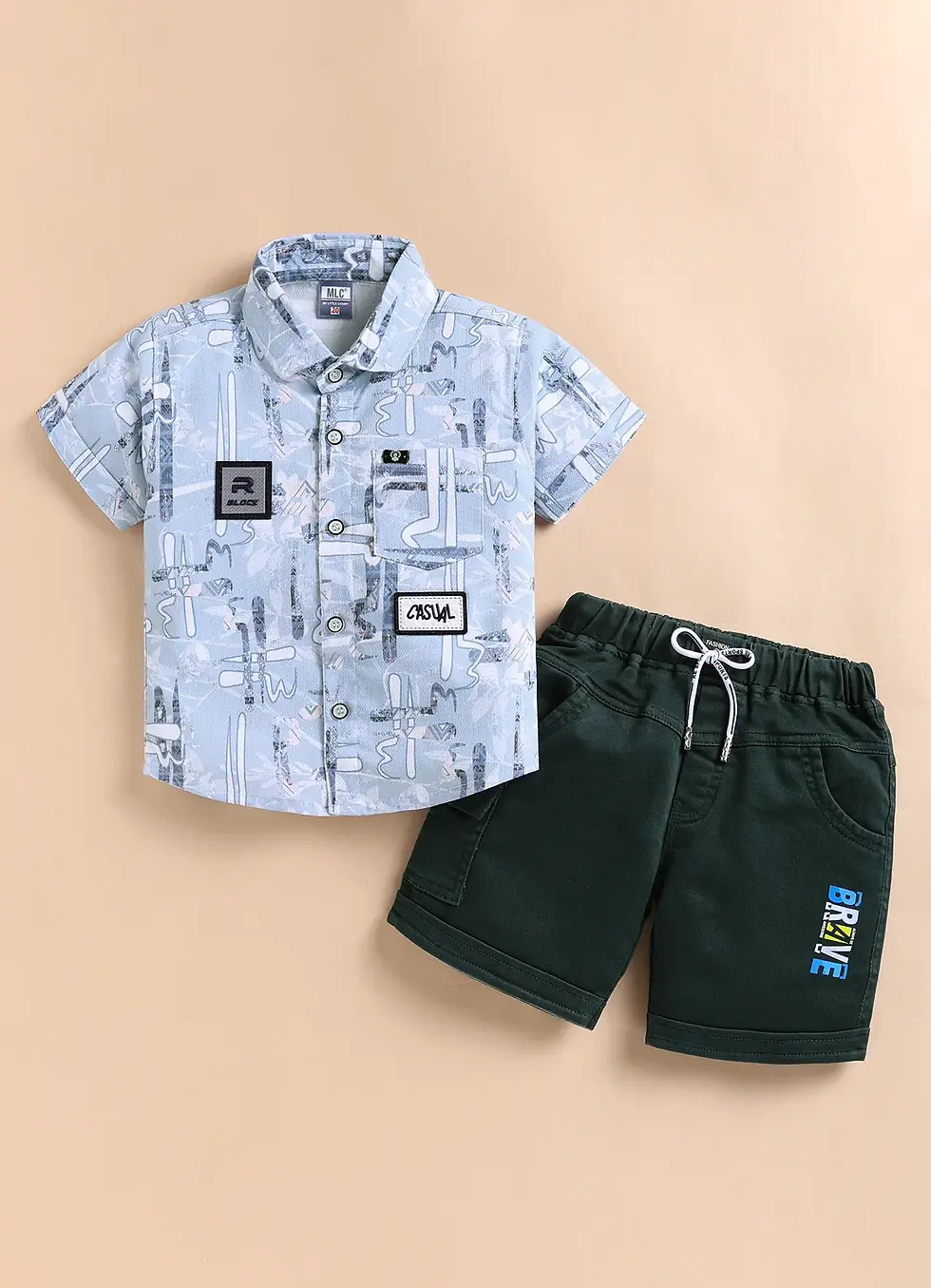 Thumbnail: Boys Abstract Graphic Button-Down Shirt & "Brave" Shorts Set