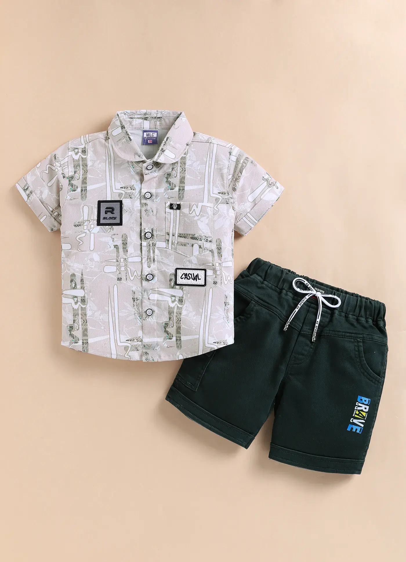 Boys Abstract Graphic Button-Down Shirt & "Brave" Shorts Set