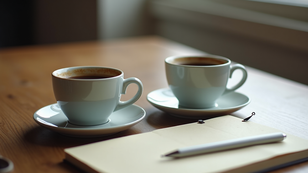 Close-up view of two coffee cups on a table with a notebook and pen