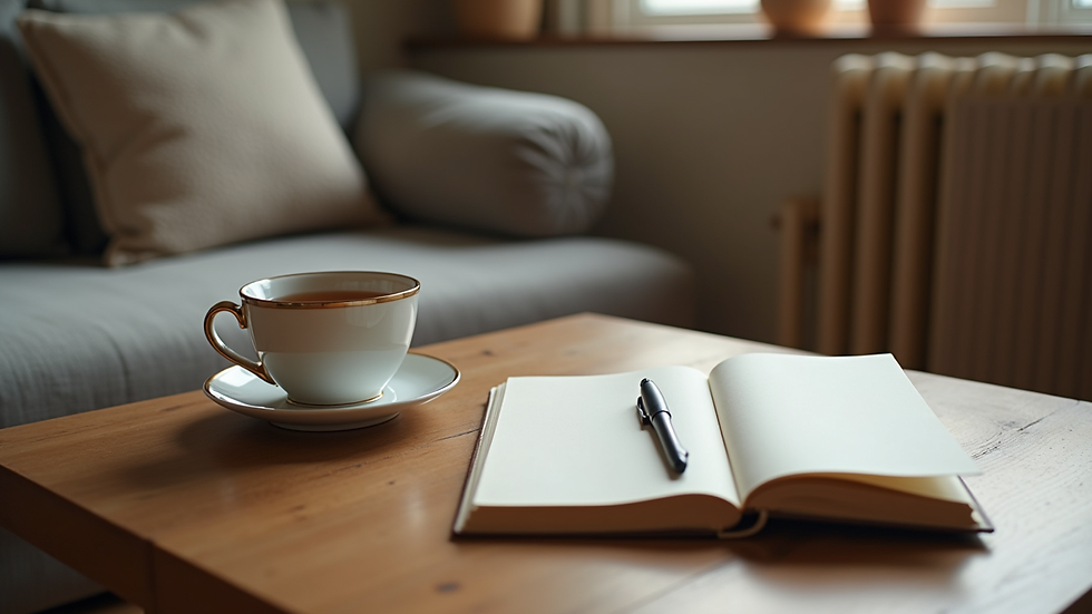 Close-up view of a cozy living room with a journal and a cup of tea on a wooden table