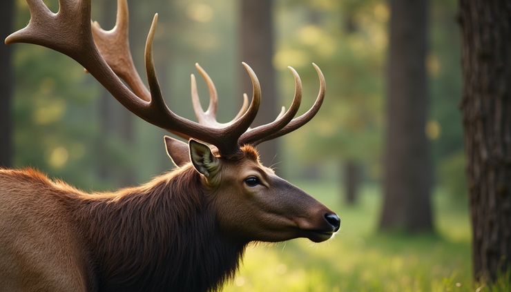 Close-up view of a mature elk's antlers in late summer forest