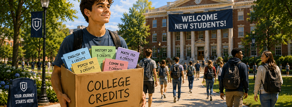 Dual credit student arrives at campus with earned credits in a box