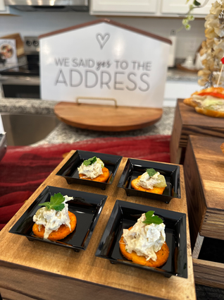 Fresh appetizers, "We Said Yes To The Address" sign