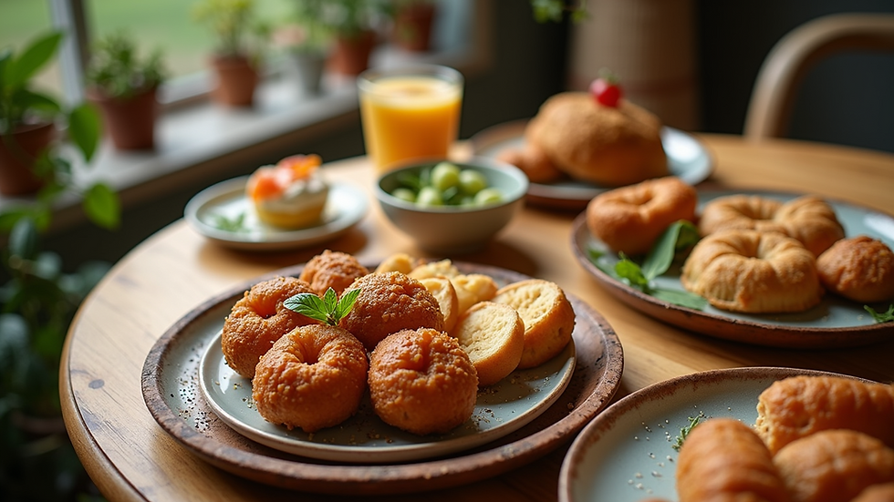 High angle view of a colorful snack table with various manchies