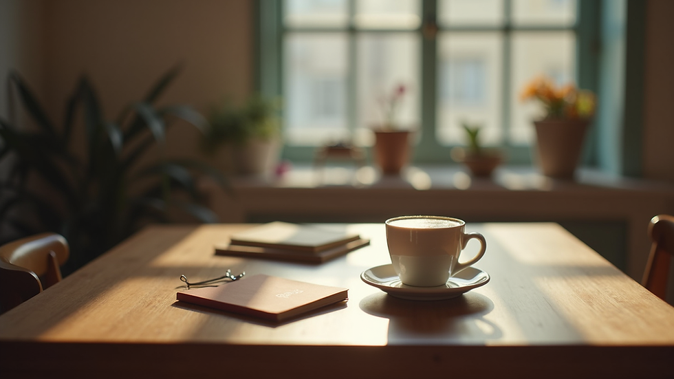 Mesa vista de cima com caderno, caneta e cartão de crédito ao lado de um café