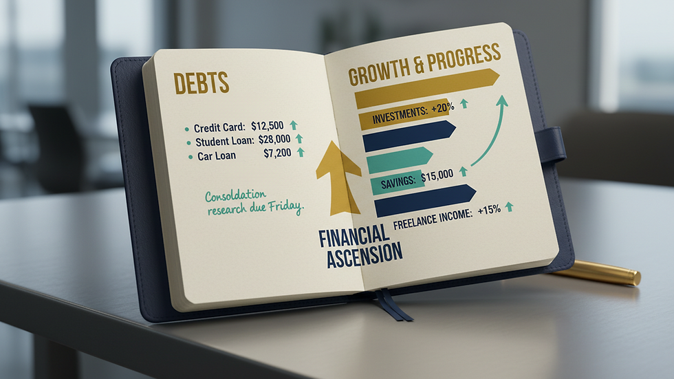 Close-up view of a notebook with a detailed list of debts and financial notes