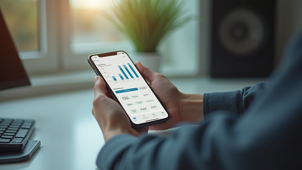 Visão de um smartphone mostrando o aplicativo de controle financeiro com gráficos de gastos