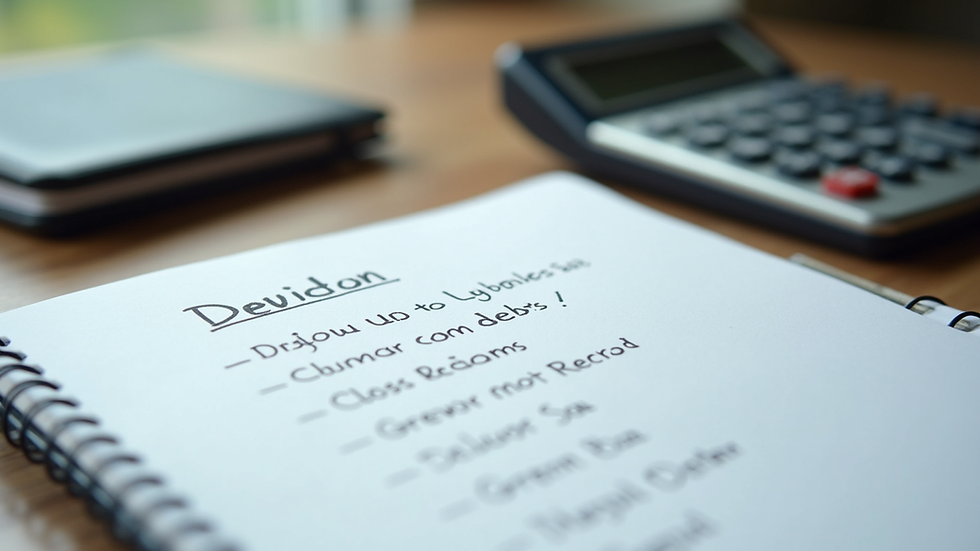 Close-up view of a notebook with a list of debts and a calculator