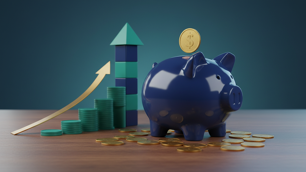 Eye-level view of a piggy bank on a wooden table with coins around