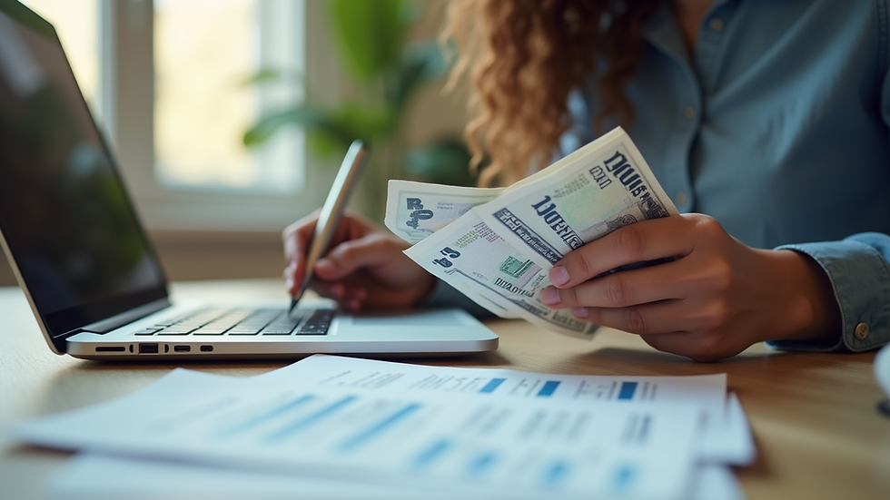 Eye-level view of a person calculating finances with bills and a laptop