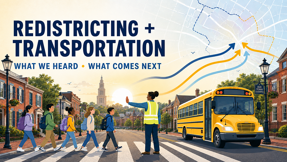 “Redistricting and Transportation: What We Heard, What Comes Next.” Students cross an Alexandria street with a crossing guard and school bus, with Old Town rowhouses, route lines, and the Masonic Memorial in the background.
