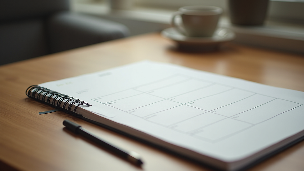 Eye-level view of a minimalist daily planner on a wooden table