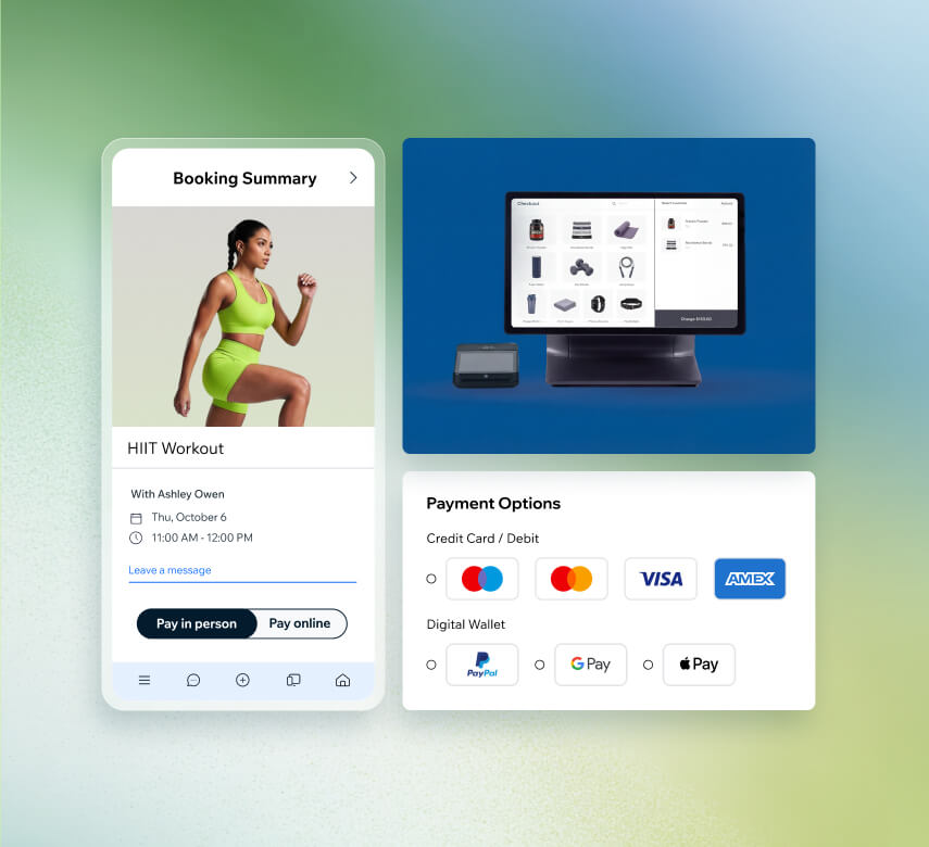 Booking summary for a HIIT workout class with online and in-person payment options, POS terminal, and support for major credit cards and digital wallets
