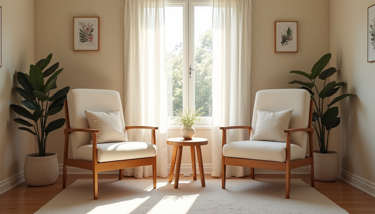 Eye-level view of a cozy therapy room with two chairs facing each other and soft natural light