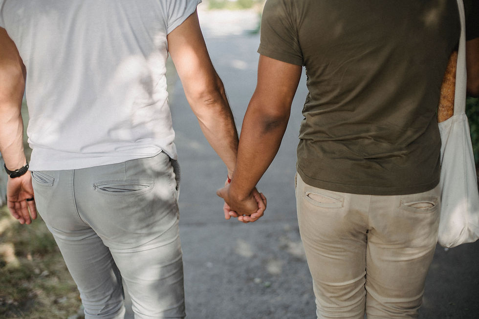 A gay couple walking holding hands