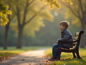 A child sitting alone on a park bench reflecting on family changes