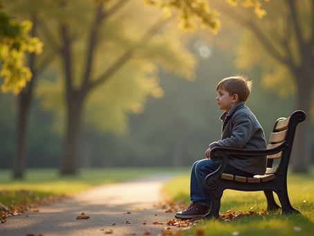 A child sitting alone on a park bench reflecting on family changes