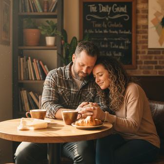 A couple cuddling at a coffee shop