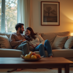 Couple cuddling on the couch