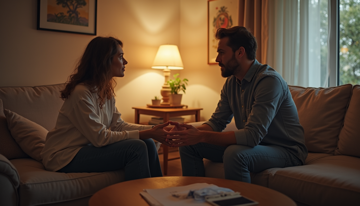 Eye-level view of a couple sitting together in a cozy living room, symbolizing open communication in relationships
