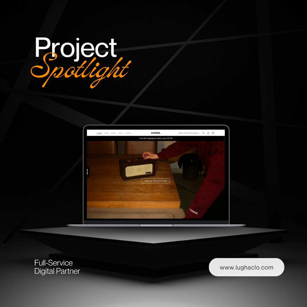 A laptop mockup in the center of the screen with LUGHA Clothing website on display