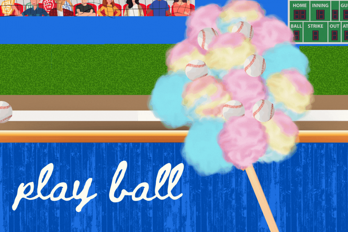 A cotton candy stick with a baseball in it