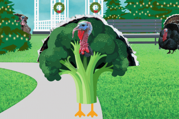 A turkey in a broccoli costume