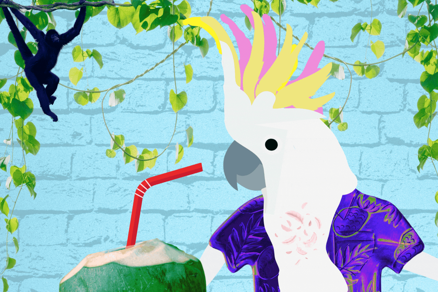 a cockatoo in a hawaiian shirt drinking a drink