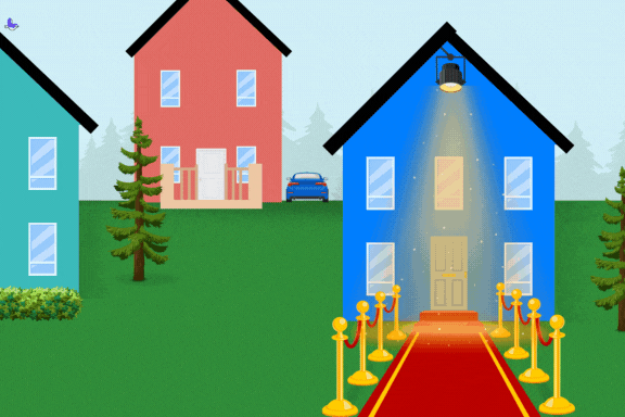 A house with a red carpet as a walk way