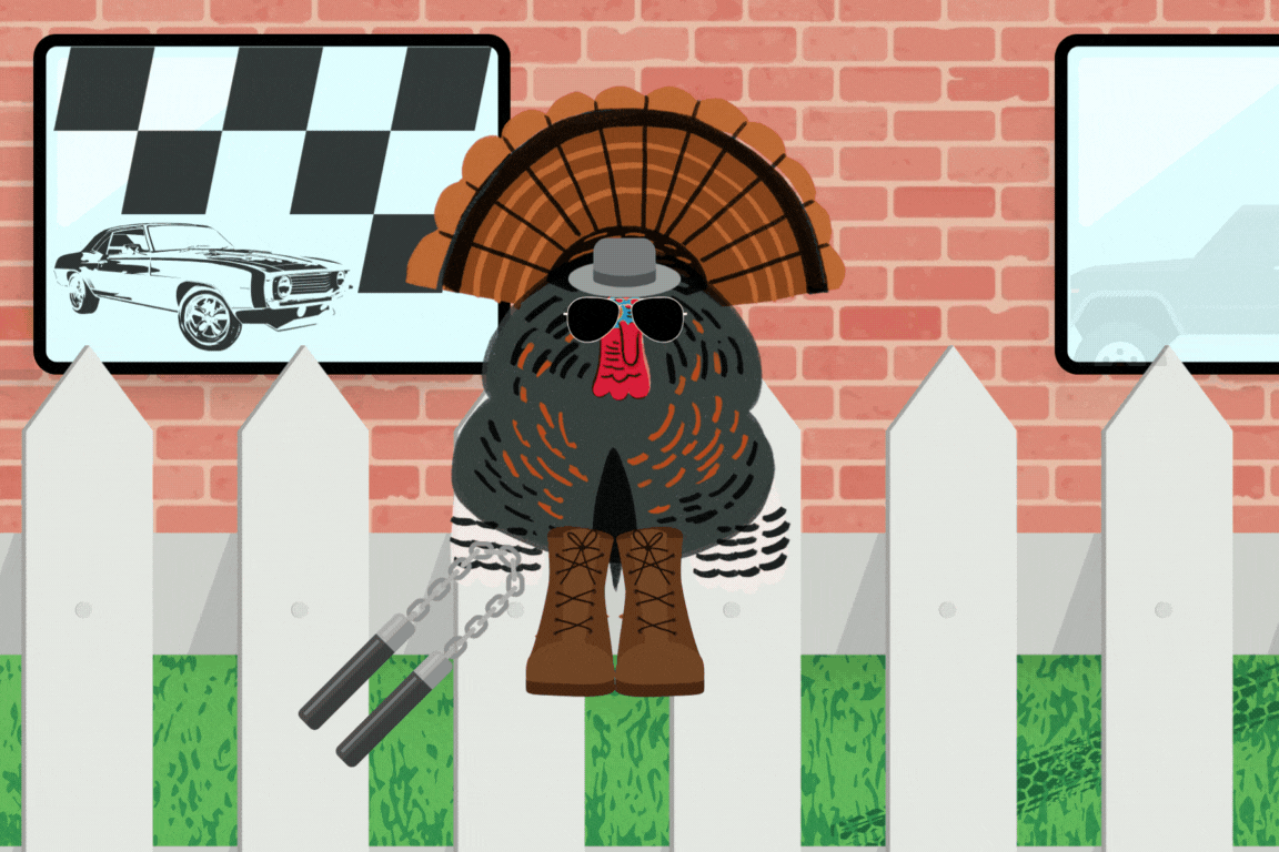A turkey with nunchucks sitting on a fence