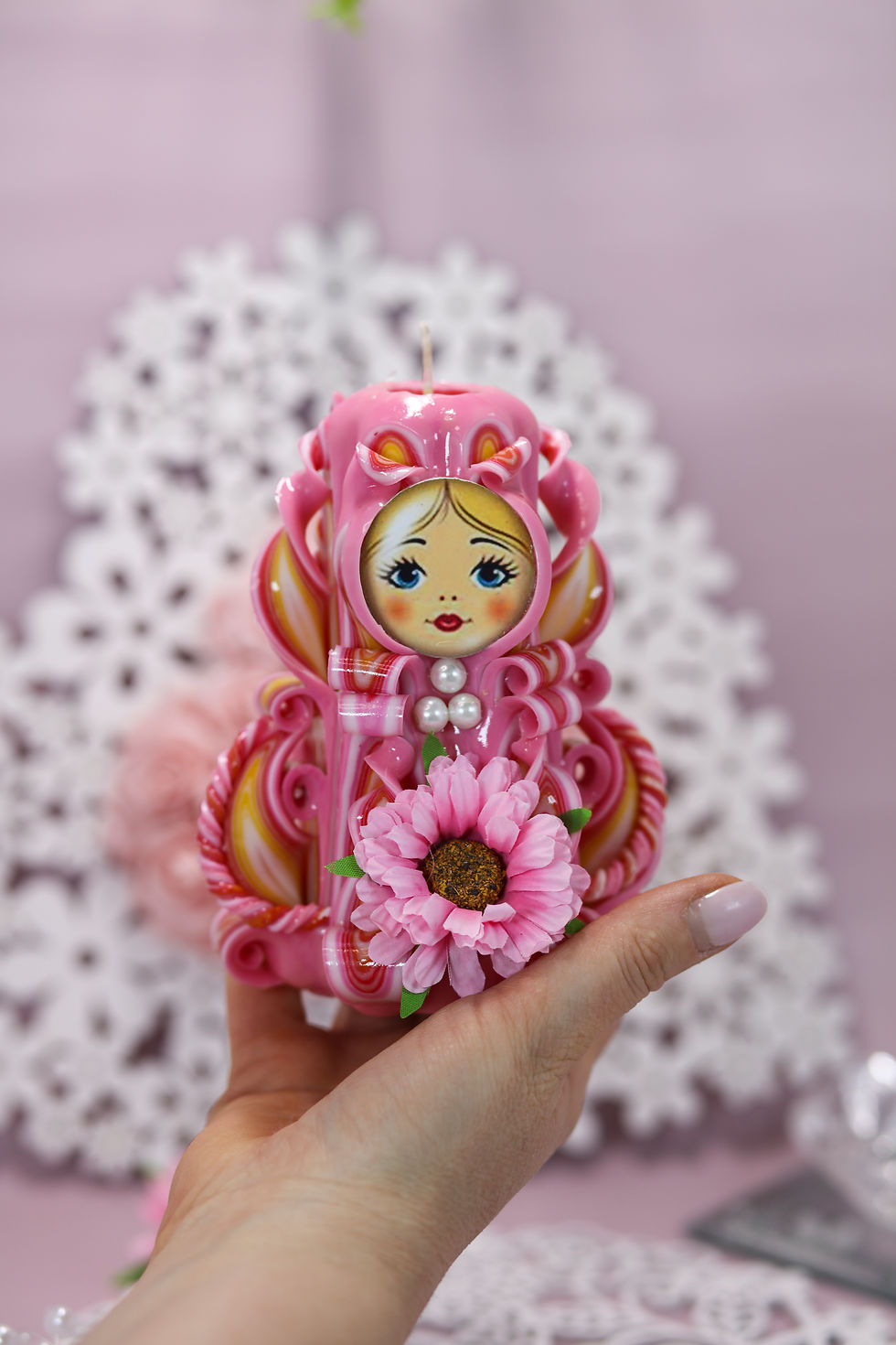 Geschnitzte Kerze | Matroschka | Матрёшка | rosa